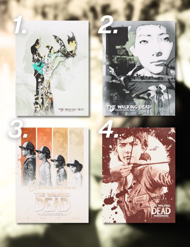 May include: Four rectangular posters featuring The Walking Dead Telltale Series artwork. Poster 1 shows a hand silhouette, 2 depicts a character face, 3 displays four versions of Clementine, and 4 shows a character aiming a bow and arrow with text.