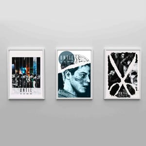 May include: Three framed rectangular wall art prints featuring Until Dawn video game imagery. The left print shows character portraits in vertical panels. The center print depicts a human head with an exposed brain. The right print shows scissors.