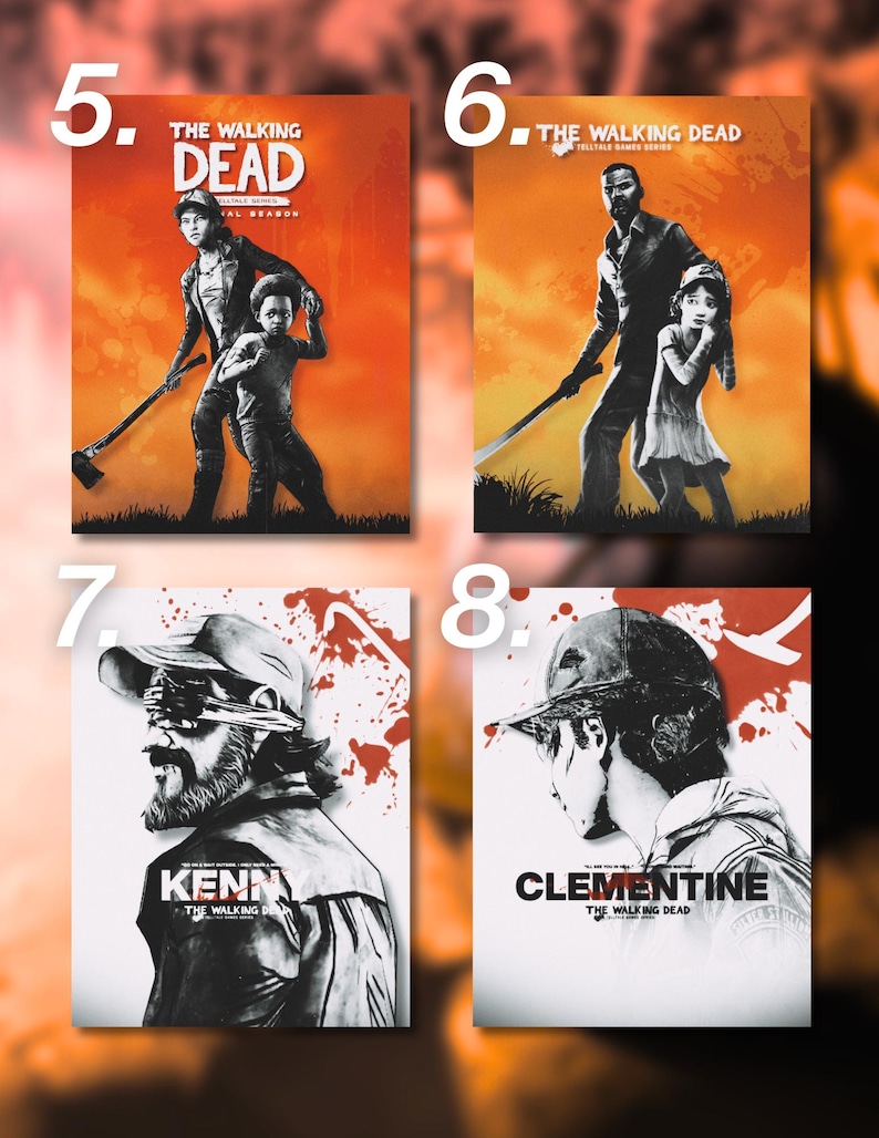 May include: Four rectangular posters featuring The Walking Dead Telltale Series artwork. Two posters have orange backgrounds with characters holding weapons. Two posters are white with black ink illustrations of Kenny and Clementine with red splatters.
