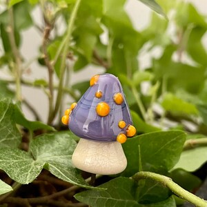 Lampwork glass mushroom toadstool with Purple cap and Orange dots by Glass Art Revealed