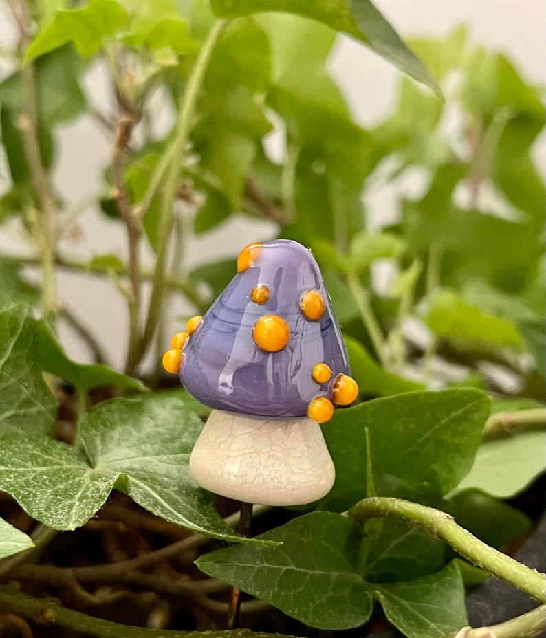 Lampwork glass mushroom toadstool with Purple cap and Orange dots by Glass Art Revealed