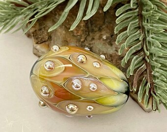 EGG in Yellow & Green Lampwork Glass - Great Gift! 104 coe Soft Glass Collectible Egg by Glass Art Revealed - Handmade Egg Orange Plum