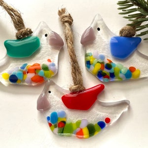 Fused glass bird trio with red, blue, green wings by Glass Art Revealed