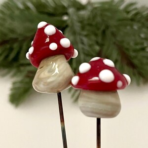 Glass Mushroom - Choice of Colors - Lampwork Glass Toadstool - Mini Plant Stake Gift - Red Cap - Fairy Garden Magic - Houseplant Buddies Red Babies Duo