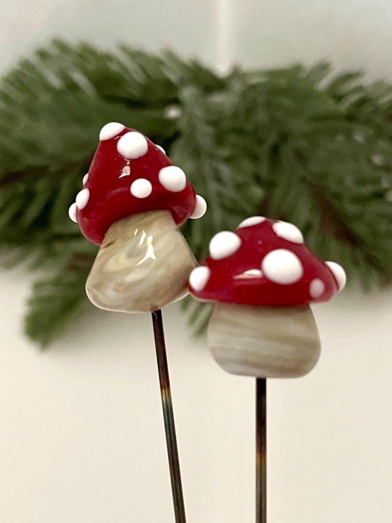 Glass Mushroom - Choice of Colors - Lampwork Glass Toadstool - Mini Plant Stake Gift - Red Cap - Fairy Garden Magic - Houseplant Buddies Red Babies Duo