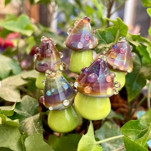 Lampwork glass mushroom toadstool with Multicolor cap with Clear dots and lime green stem by Glass Art Revealed