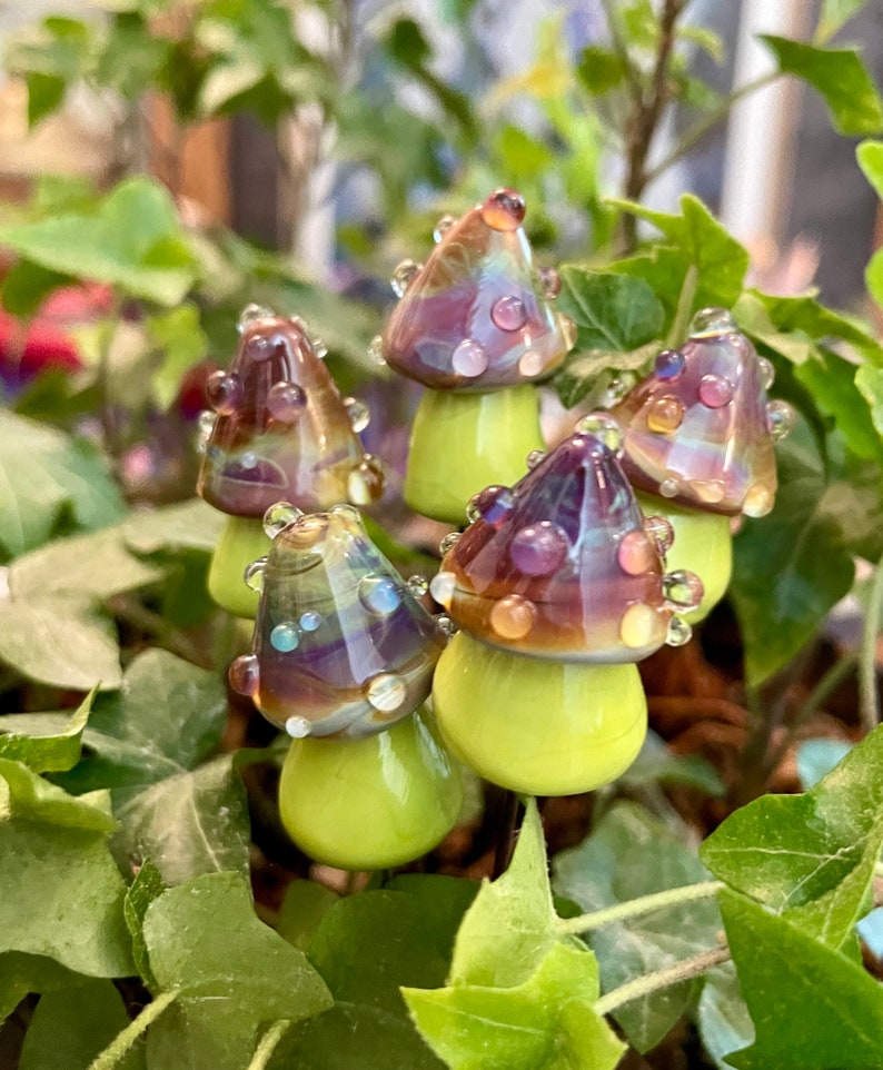 Lampwork glass mushroom toadstool with Multicolor cap with Clear dots and lime green stem by Glass Art Revealed