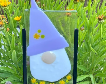 Garden Gnome Plant Stake - Outdoor Garden Accent - Fused Glass Gnomes Yard Art