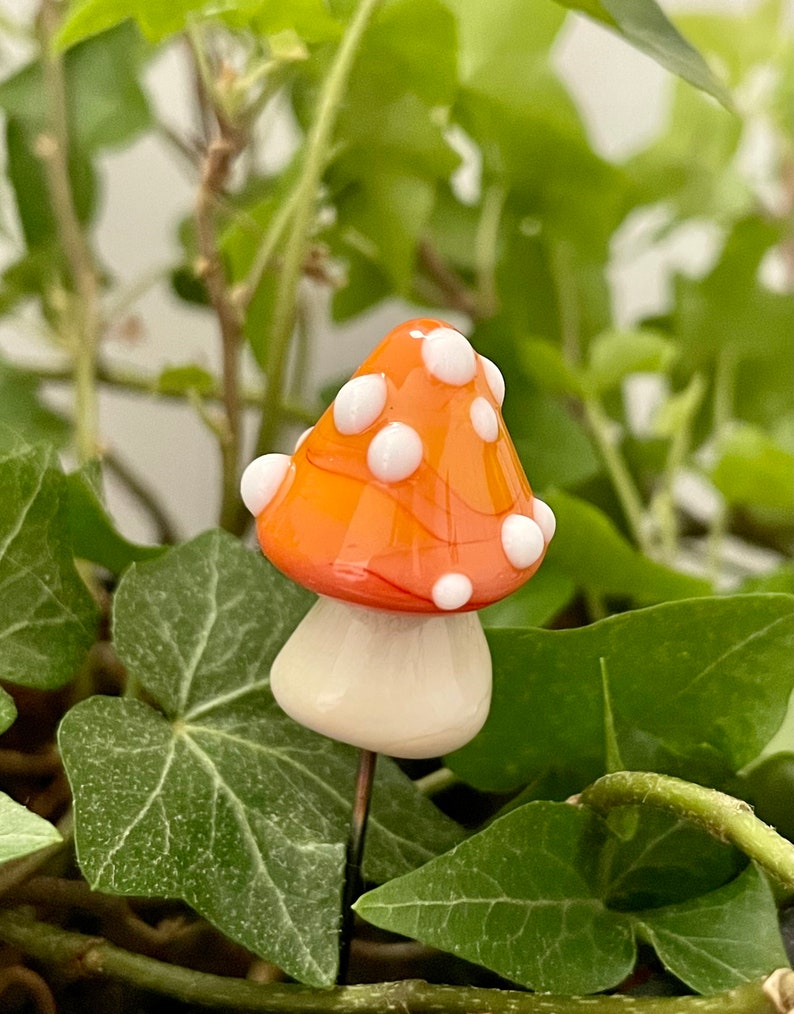 Lampwork glass mushroom toadstool with Coral cap and White dots by Glass Art Revealed