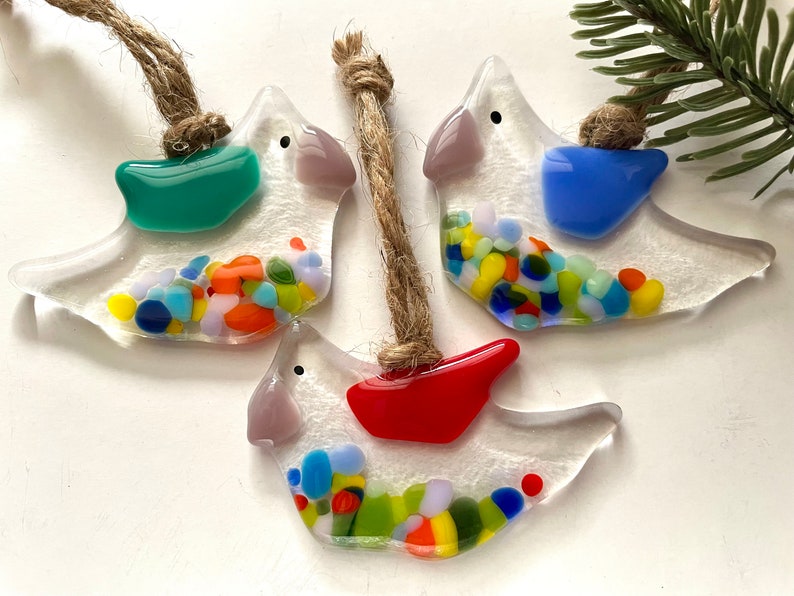 Fused glass bird trio with red, blue, green wings by Glass Art Revealed