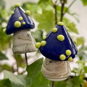 Lampwork glass mushroom toadstool with blue cap and green dots by Glass Art Revealed