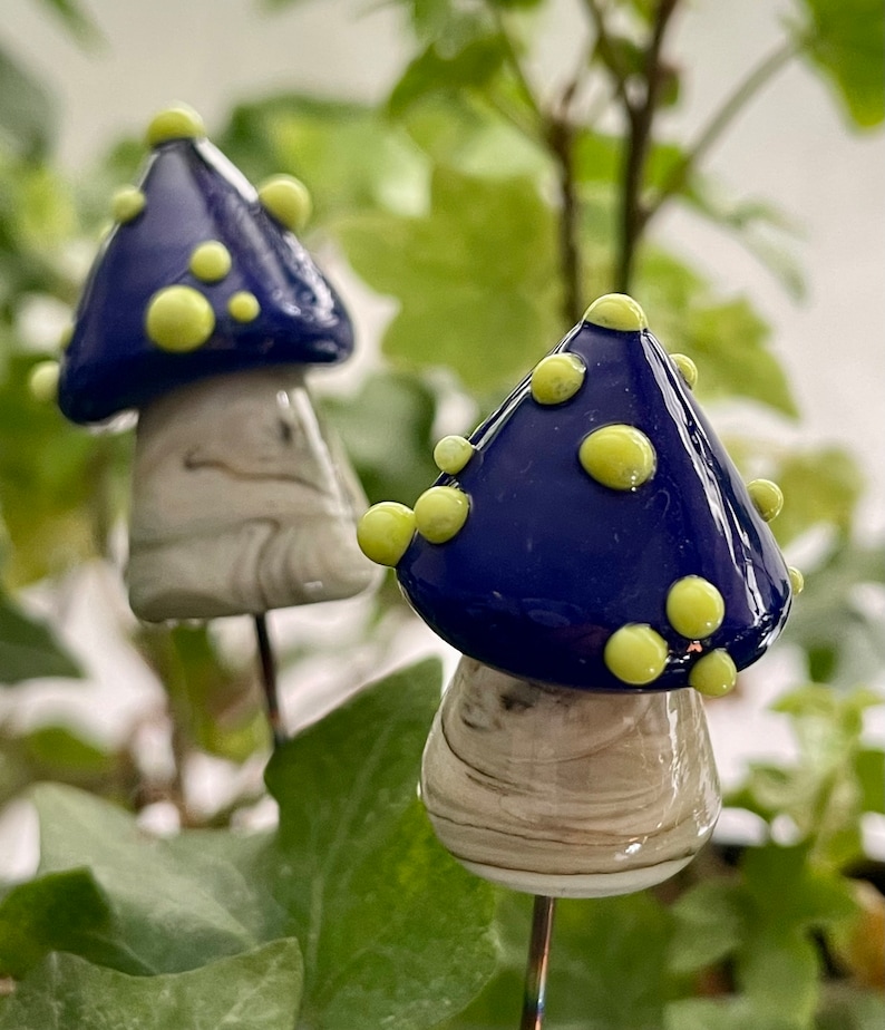 Lampwork glass mushroom toadstool with blue cap and green dots by Glass Art Revealed