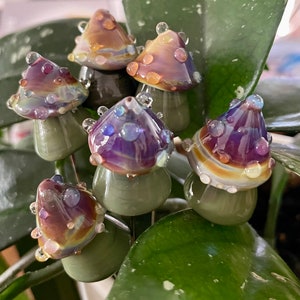 Lampwork glass mushroom toadstool with purple multicolor cap, olive green stem and clear dots by Glass Art Revealed