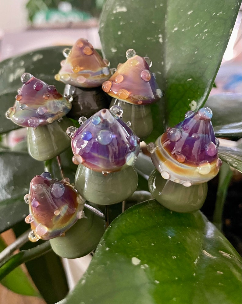 Lampwork glass mushroom toadstool with purple multicolor cap, olive green stem and clear dots by Glass Art Revealed