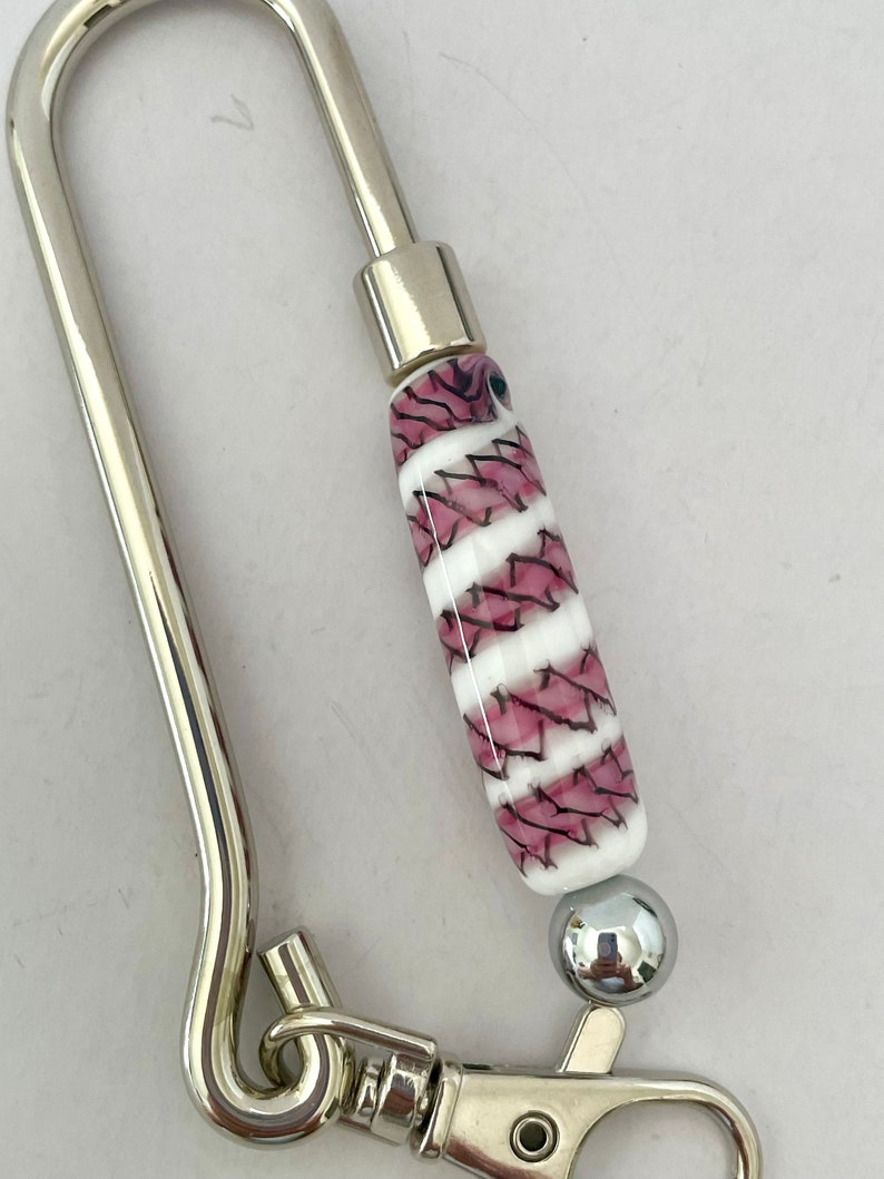 Key Finder with Lampwork Glass Beads by Glass Art Revealed in Pink Stitches pink black & white