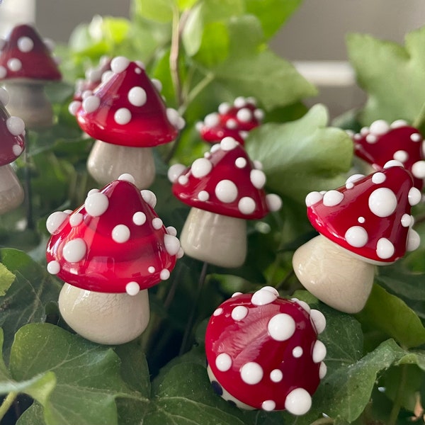 Glass Mushroom - Choice of Colors - Lampwork Glass Toadstool - Mini Plant Stake Gift - Red Cap - Fairy Garden Magic - Houseplant Buddies