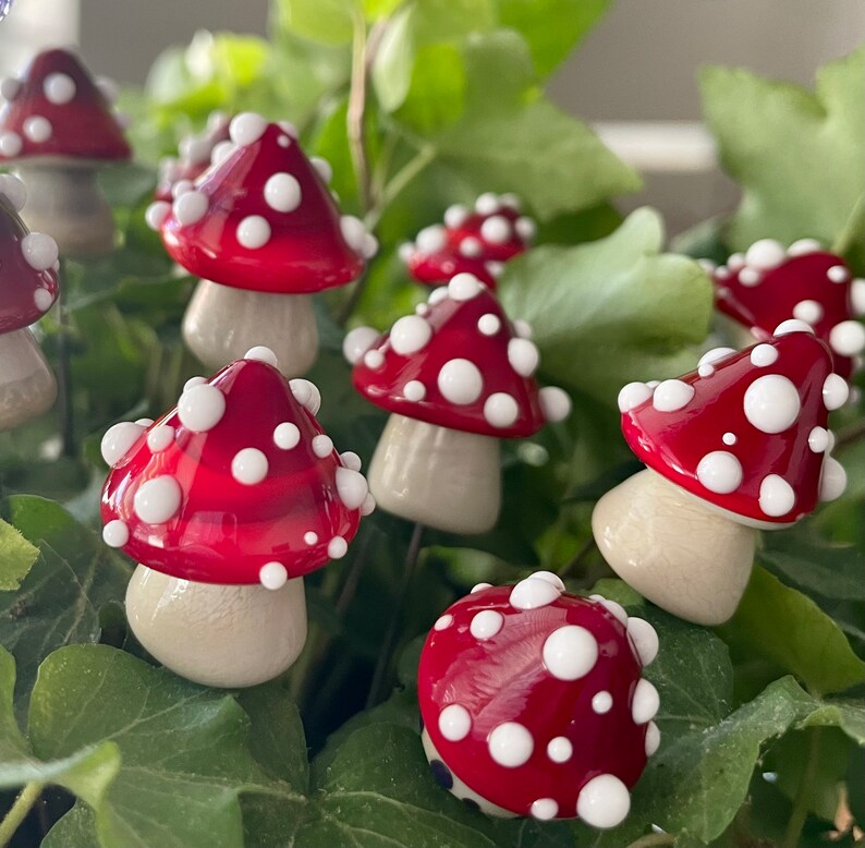 Lampwork glass mushroom toadstool with red cap and white dots by Glass Art Revealed