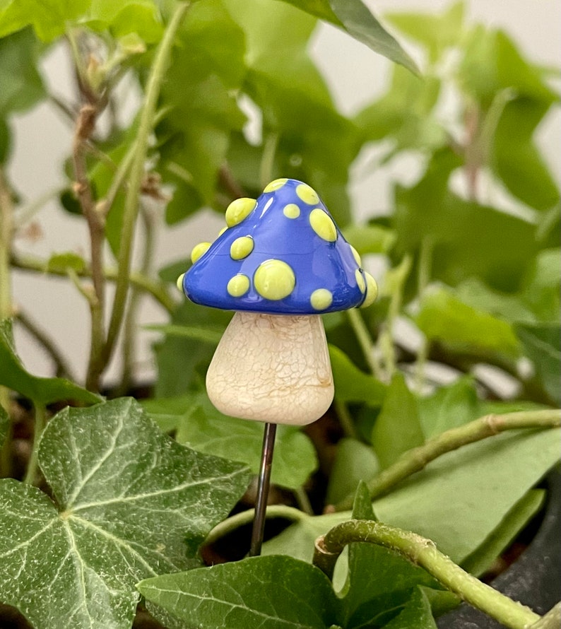 Lampwork glass mushroom toadstool with Royal Blue cap and Lime dots by Glass Art Revealed