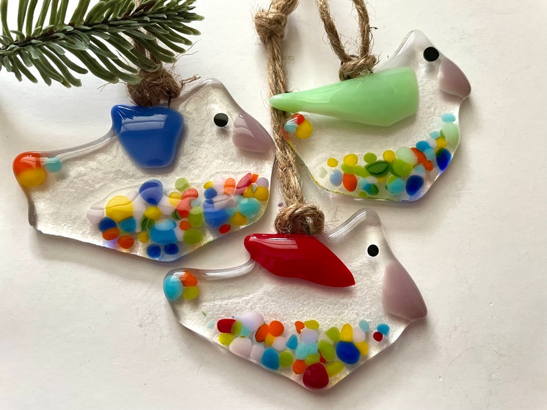 Fused glass bird trio with red, blue, green wings by Glass Art Revealed