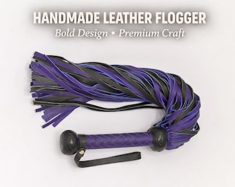 Handmade Black and Purple Leather Flogger – Genuine Cowhide 100 Falls, Braided Handle, Heavy Duty Handmade Leather thudy Whip