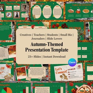 Puede incluir: Una plantilla de presentación con temática otoñal, con un fondo verde y acentos de hojas de otoño. La plantilla incluye diapositivas para varias secciones, incluyendo una tabla de contenidos e infografías. El texto dice "Autumn-Themed Presentation Template".
