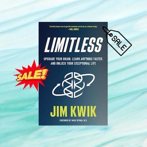 Puede incluir: Portada del libro "Limitless" de Jim Kwik, con el texto "Upgrade Your Brain, Learn Anything Faster, and Unlock Your Exceptional Life." La portada es azul oscuro con texto blanco y amarillo. También son visibles un "SALE!" rojo y una etiqueta "SALE".