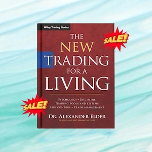May include: A book titled "The New Trading for a Living" by Dr. Alexander Elder. The cover is burgundy with white and gold lettering. A blue rectangle is on the left side of the title. Red "SALE!" stickers are on the cover.