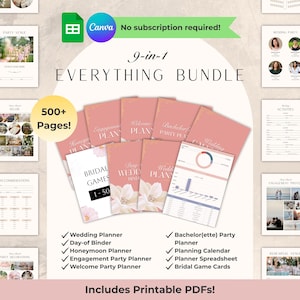 May include: A pink and white wedding planning bundle with the text "9-in-1 EVERYTHING BUNDLE" and "500+ Pages!". Includes a wedding planner, day-of binder, honeymoon planner, and more. The bundle includes printable PDFs.
