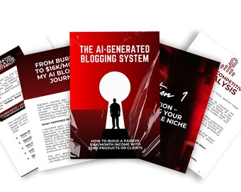 May include: A collection of printed materials with titles like "The AI-Generated Blogging System" and "From Burnout to $16K/Month." The covers are red and white, with text and graphics. The materials appear to be guides or courses.
