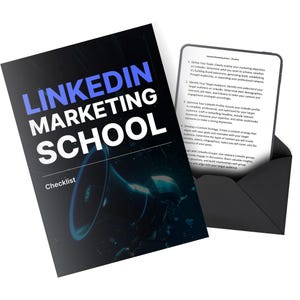 Peut inclure: Un document noir et bleu intitulé "LINKEDIN MARKETING SCHOOL Checklist" avec un graphique de mégaphone. À côté, une tablette affiche une liste d'étapes de marketing dans une enveloppe noire.