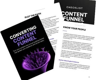 May include: A black and purple book titled "CONVERTING CONTENT FUNNEL" with the text "Turn your content into a trust-building funnel that guides your audience and drives sales." A checklist titled "CONTENT FUNNEL" is also visible.