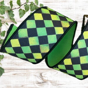 2.5” Green and Black Harlequin Wired Ribbon, Farrisilk Sketch Checks