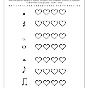 Puede incluir: Hoja de trabajo de teoría musical en blanco y negro con el texto "JUST BEAT IT!" e instrucciones para colorear corazones según los valores de las notas. Incluye notas musicales y corazones en blanco para colorear.