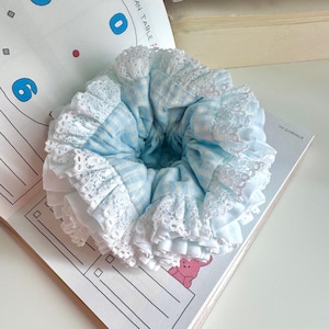 Oversized Gingham Scrunchie with Quadruple Lace Trim: Handmade Hair Tie