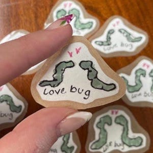 May include: A collection of small, light-colored, irregularly shaped cookies, each decorated with a green worm-like design and the words "Love bug" in black. One cookie is held by a person's hand.