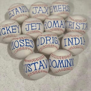 May include: A collection of white baseballs with red stitching and blue lettering. Each ball has a different name written on it, including names like "Jet", "Moses", and "India". The baseballs are arranged in a circular pattern.