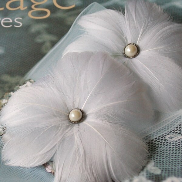 White Bridal Hair Feather Flowers - Set of 2