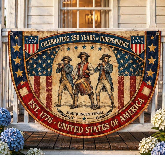 250th Fence Flag, Vintage US 250th Anniversary Porch Bunting, Semiquincentennial America 250 Banner, Spirit of 76 Patriotic Outdoor Decor