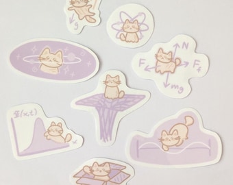 Set of 8 Physics Cat Stickers: Cute Purple Science Themed Animal Stickers for Notebooks, Planners, Journaling