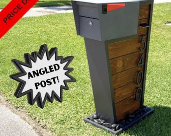 Modern Mailbox, Cedar Paneled Body, Thick Angular Frame Design, Solar Lights, Floating Numbers, Rock Nest