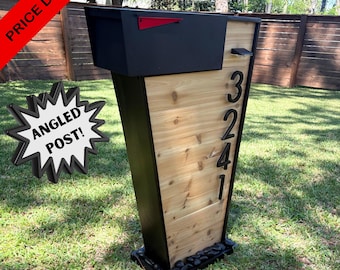 Modern Mailbox, Cedar Paneled Body, Sleek Angular Frame Design, Solar Lights, Floating Numbers, Rock Nest