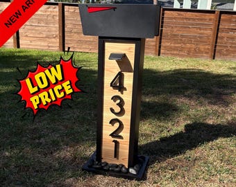 Modern Mailbox, Cedar Paneled Body, Thick Frame Design, Solar Lights, Floating Numbers, Rock Nest
