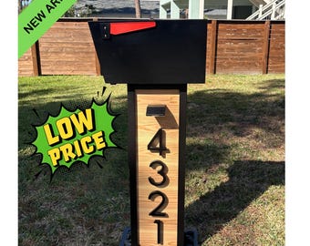 Modern Mailbox, Cedar Paneled Body, Thick Frame Design, Solar Lights, Floating Numbers, Rock Nest