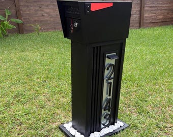 Modern Mailbox, Slat & Steel Paneled Body, Thick Frame Design, Solar Lights, Floating Numbers, Rock Nest