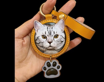 Benutzerdefinierte Leder Haustier-Porträt Schlüsselanhänger | Handgeschnitztes 3D-Denkmal für Hunde und Katzen