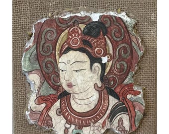 Handgemalte Dunhuang Bodhisattva Wandkunst | Traditionelles Buddhistisches Wandbild auf Tonbrett | Göttinnen-Portrait im Guanyin-Stil