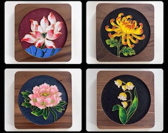 DIY Cloisonné Untersetzer Kit - Emaille Blumenmuster, Walnussholz | Vorgeformter Draht