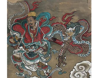 Handgemalte Dunhuang Wandkunst | Wächter mit Drache auf Tonplatte