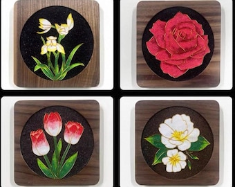 Kit para fazer porta-copos em cloisonné – Esmalte floral, base de madeira de nogueira, arame pré-moldado