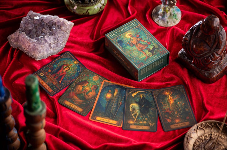 Pu&ograve; includere: Un set di carte dei tarocchi e la sua scatola su un tessuto di velluto rosso. La scatola, intitolata "The Tarot of Leela", &egrave; verde. Sono esposte diverse carte con illustrazioni e titoli. Sono presenti anche una statua di Buddha in legno e una geode di ametista.